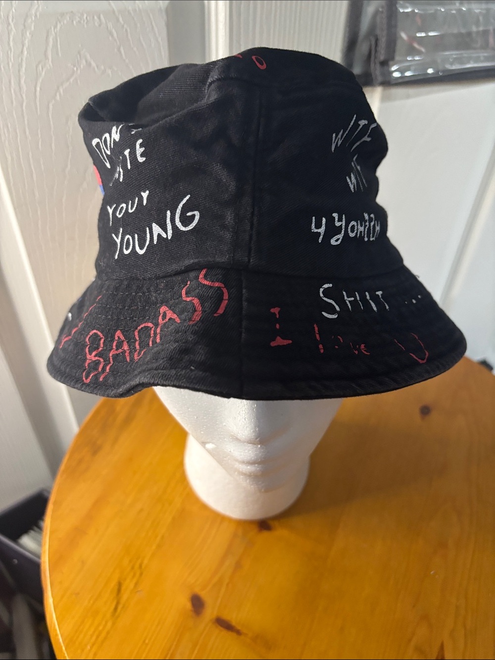 Teens Black Bucket Hat with White & Red Script